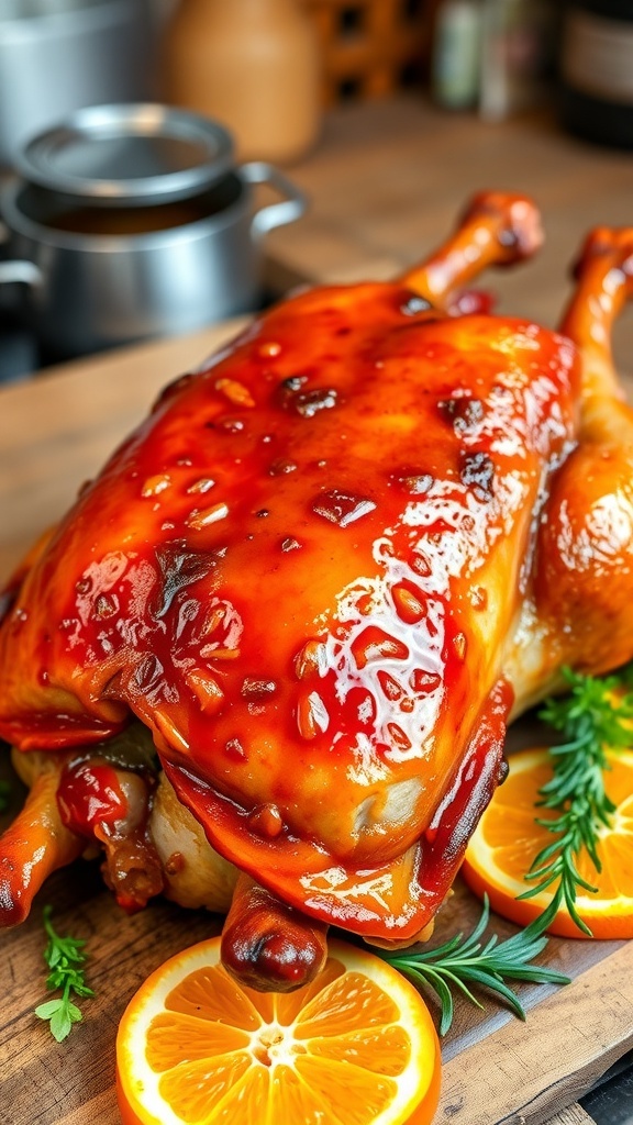 Roasted duck with orange glaze on a wooden platter, garnished with orange slices and herbs.